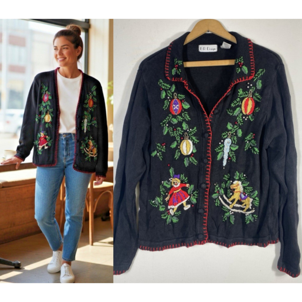 BP Design Christmas Cardigan Sweater Large Womens Vintage Embroidered Old Money